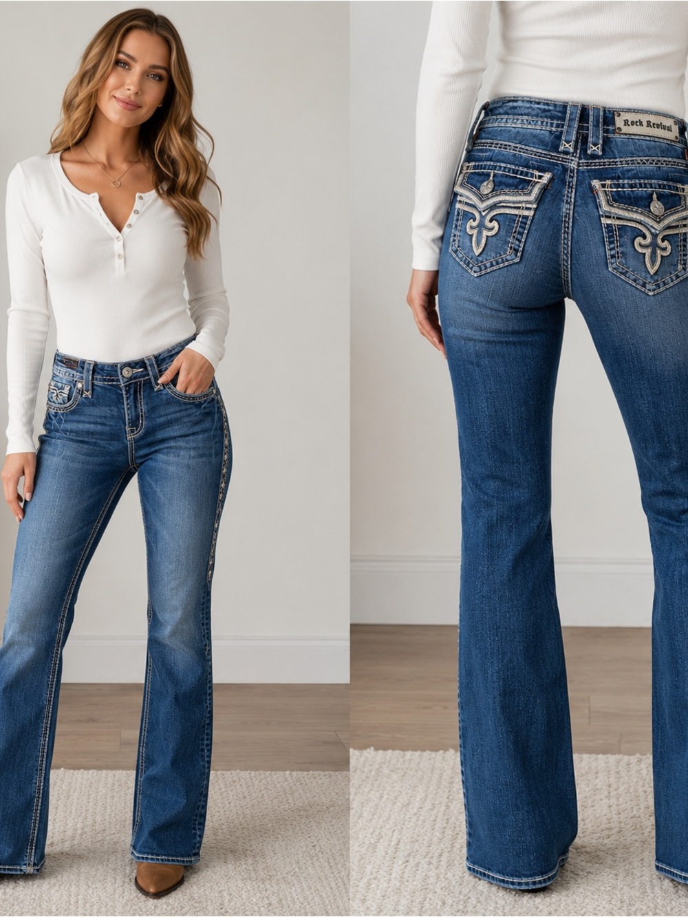Women’s Rock Revival Buckle Exclusive Fleur De Lis Bootcut Jeans Size 26 McBling
